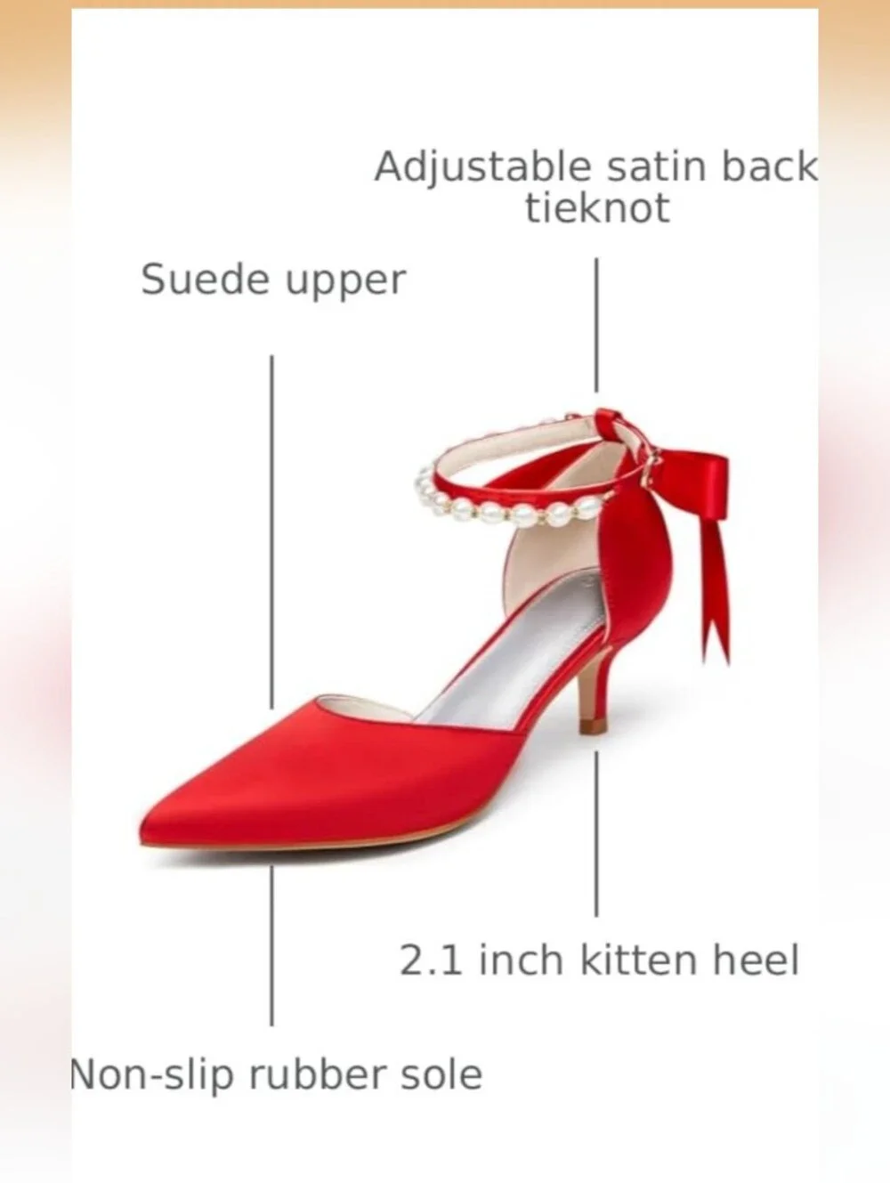 Coutgo Red Pearl Ankle Strap D'Orsay Satin Bow Low Kitten Heel Size 6 NWT